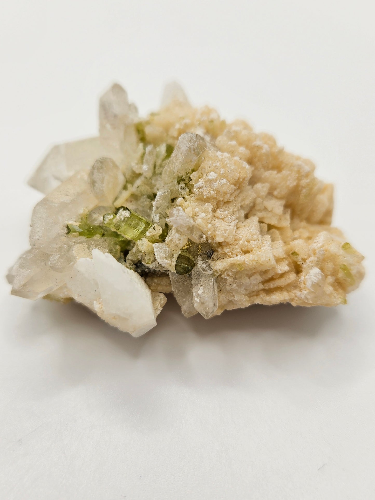 Hambergite w/ Green Tourmaline, Quartz, Dolomite, Albite Matrix (Shigar Mines)