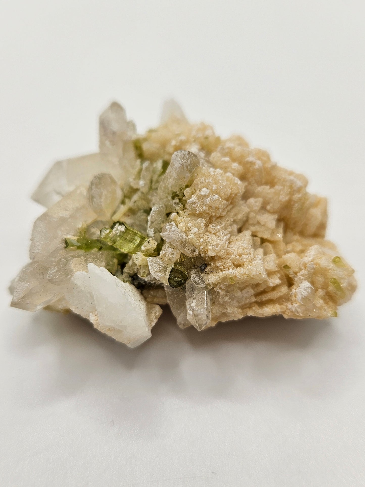 Hambergite w/ Green Tourmaline, Quartz, Dolomite, Albite Matrix (Shigar Mines)