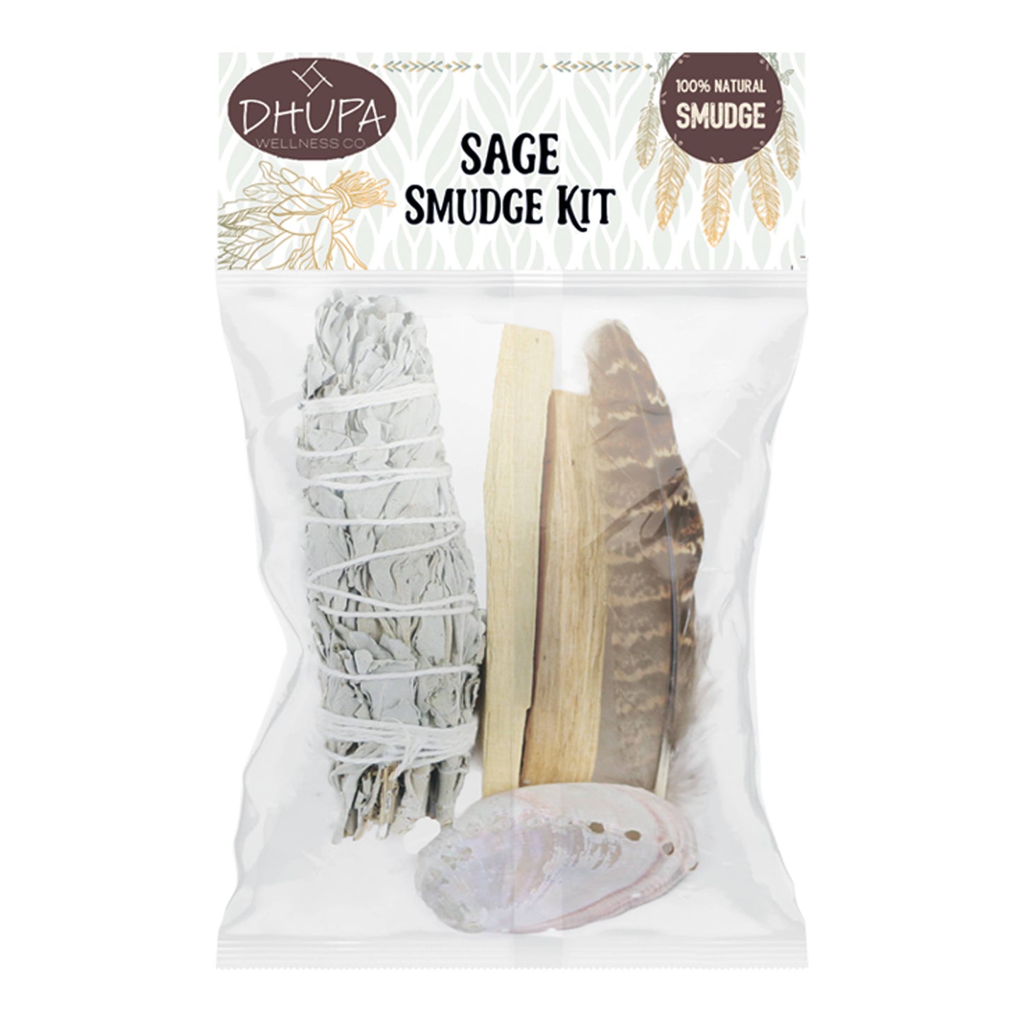 Smudge Kit White Sage Palo Santo Shell Feather Retail Pack